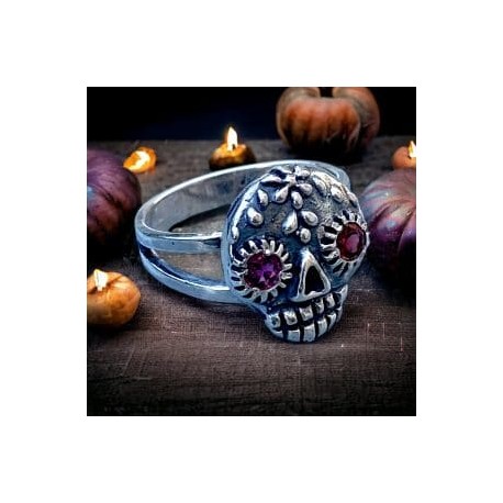 Anillo calavera azucarado con Granate en plata 925