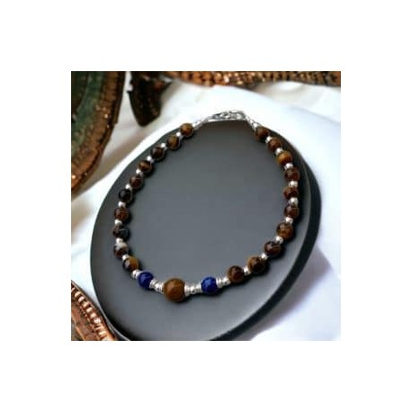 Pulsera con Ojo de Tigre y Lapis lazuli en plata 925